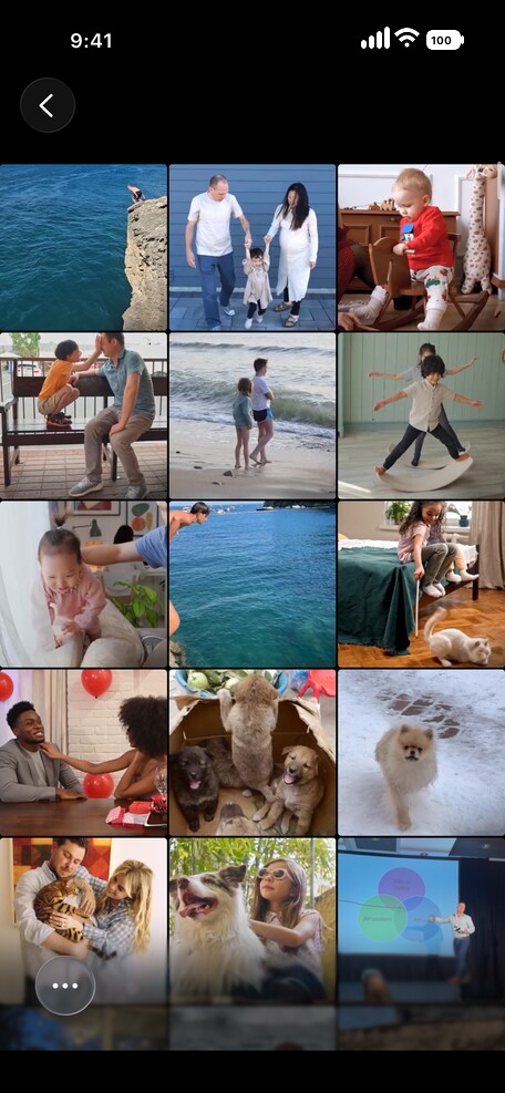 iPhone video library showing a grid of two-second clips